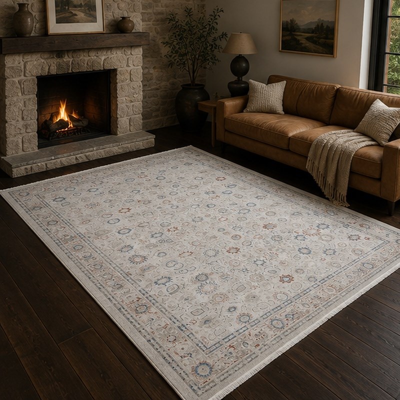 Otantik Modern Eskitme Saçaklı Dokuma Salon Halısı Krem Mavi Kiremit 200x290 cm - Görsel 6
