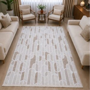 Krem Bej Geometrik Oval Desenli Saçaklı Kaymaz Jel Tabanlı Modern Halı