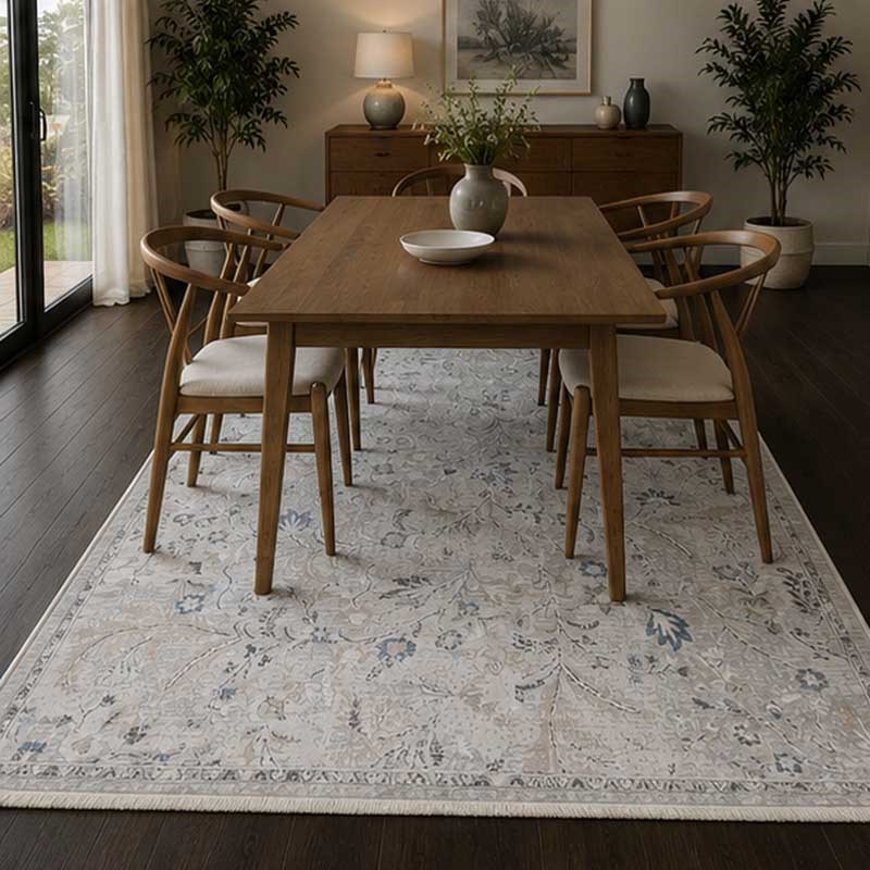 Otantik Modern Çiçek Desenli Saçaklı Dokuma Salon Halısı Krem Gri Mavi 200x290 cm - Görsel 5
