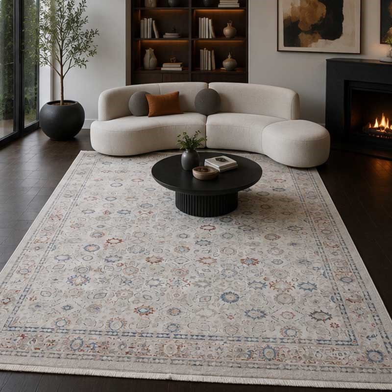 Otantik Modern Eskitme Saçaklı Dokuma Salon Halısı Krem Mavi Kiremit 200x290 cm - Görsel 4