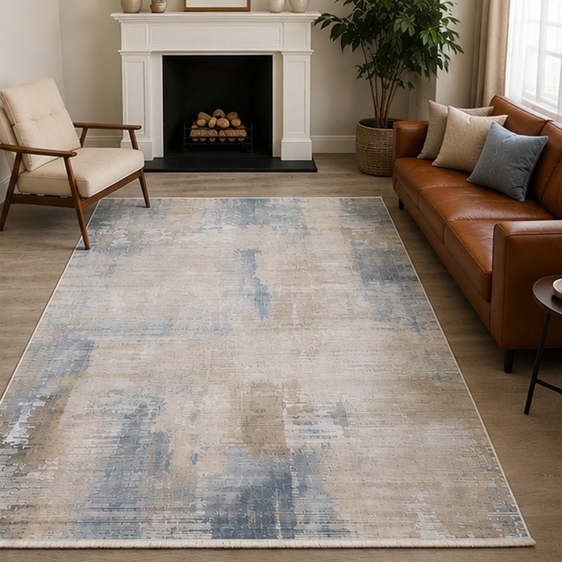 Otantik Modern Eskitme Saçaklı Dokuma Salon Halısı Krem Mavi Vizon 200x290 cm - Görsel 4