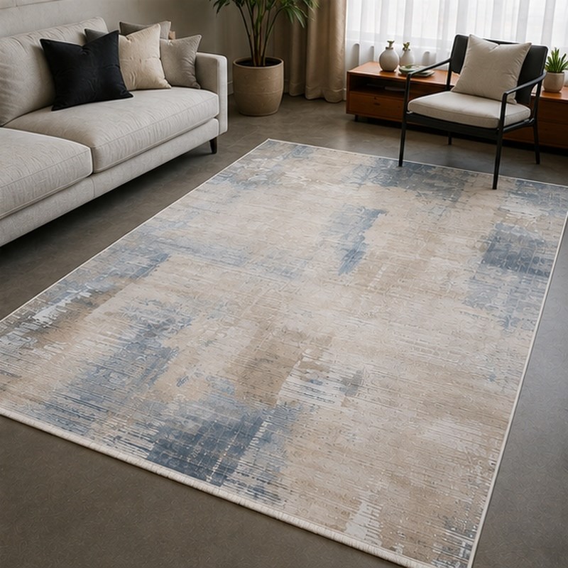 Otantik Modern Eskitme Saçaklı Dokuma Salon Halısı Krem Mavi Vizon 200x290 cm - Görsel 6