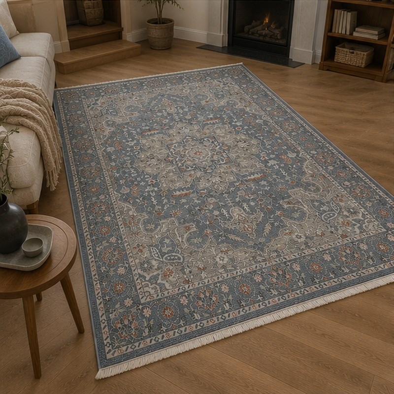 Otantik Klasik Madalyonlu Saçaklı Dokuma Salon Halısı Antrasit Gri Kiremit 200x290 cm - Görsel 5