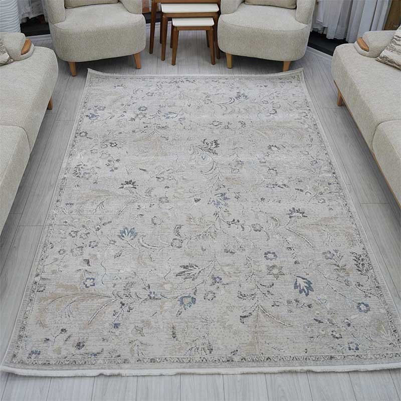 Otantik Modern Çiçek Desenli Saçaklı Dokuma Salon Halısı Krem Gri Mavi 200x290 cm - Görsel 2