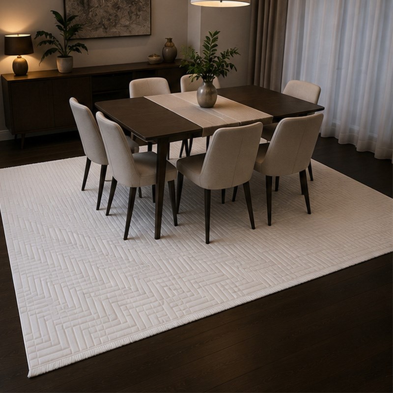 Modern Geometrik Çizgili Akrilik Dokuma Salon Halısı Saçaklı - Görsel 5