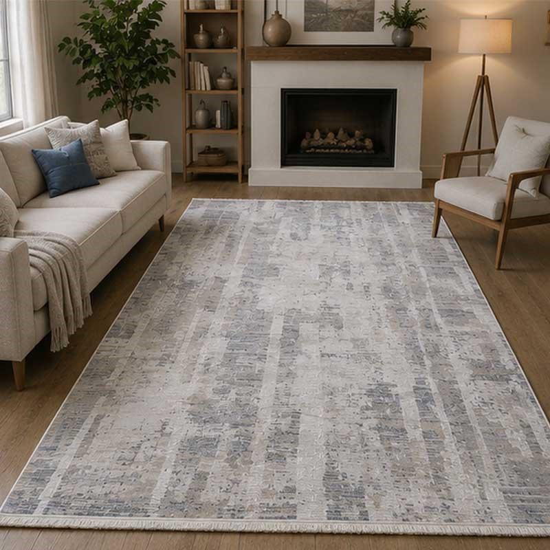 Otantik Modern Soyut Çizgili Saçaklı Dokuma Salon Halısı Krem Gri Antrasit 200x290 cm