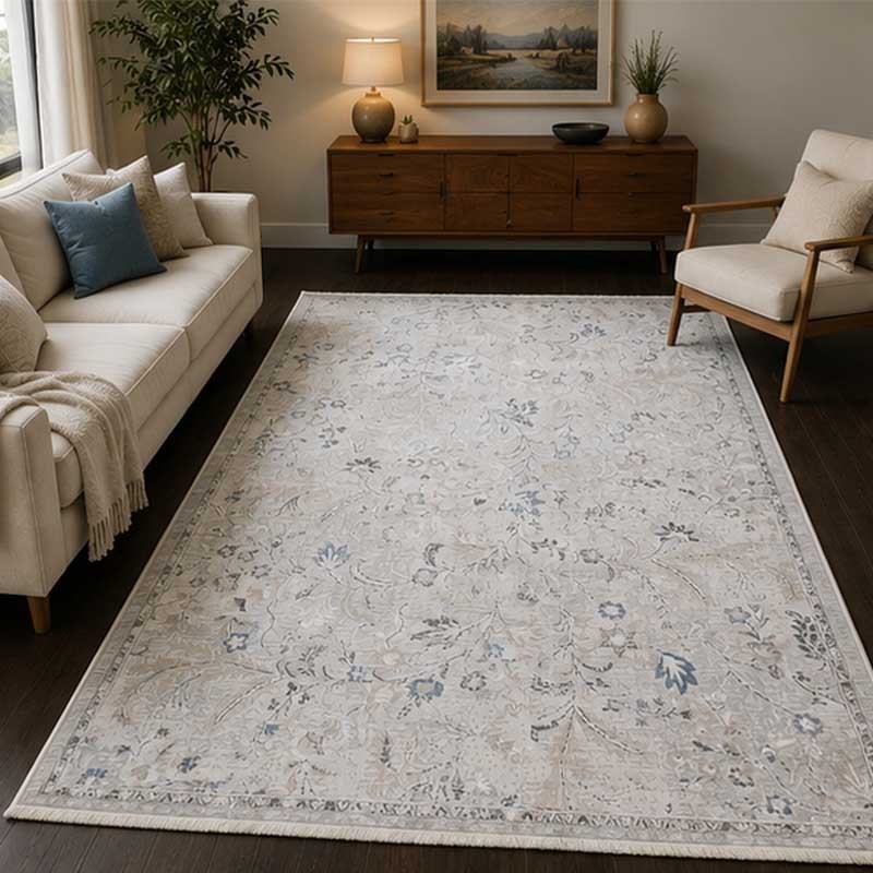 Otantik Modern Çiçek Desenli Saçaklı Dokuma Salon Halısı Krem Gri Mavi 200x290 cm - Görsel 4