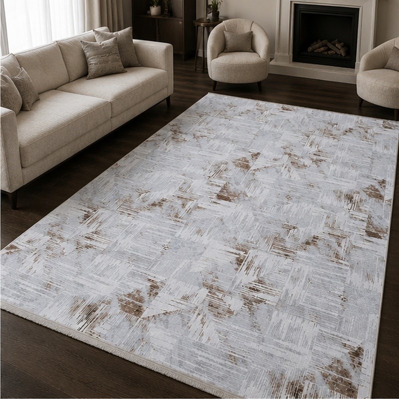 Modern Saçaklı Soyut Geometrik Eskitme Desenli Kaymaz Jel Taban Halı - Görsel 5