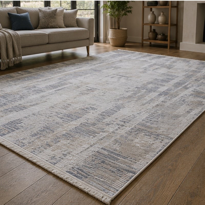 Otantik Modern Soyut Çizgili Saçaklı Dokuma Salon Halısı Krem Gri Antrasit 200x290 cm - Görsel 6