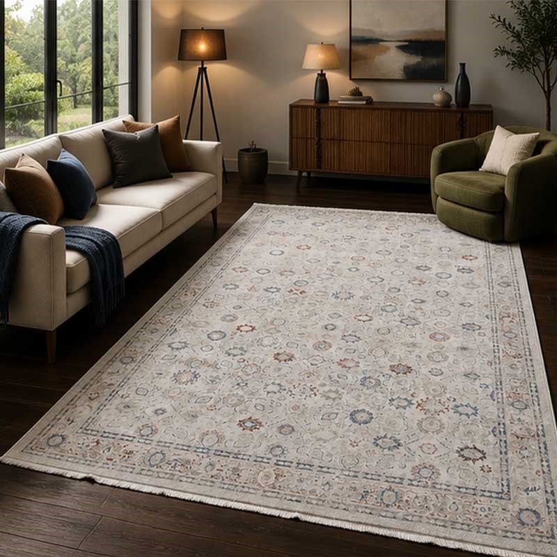 Otantik Modern Eskitme Saçaklı Dokuma Salon Halısı Krem Mavi Kiremit 200x290 cm