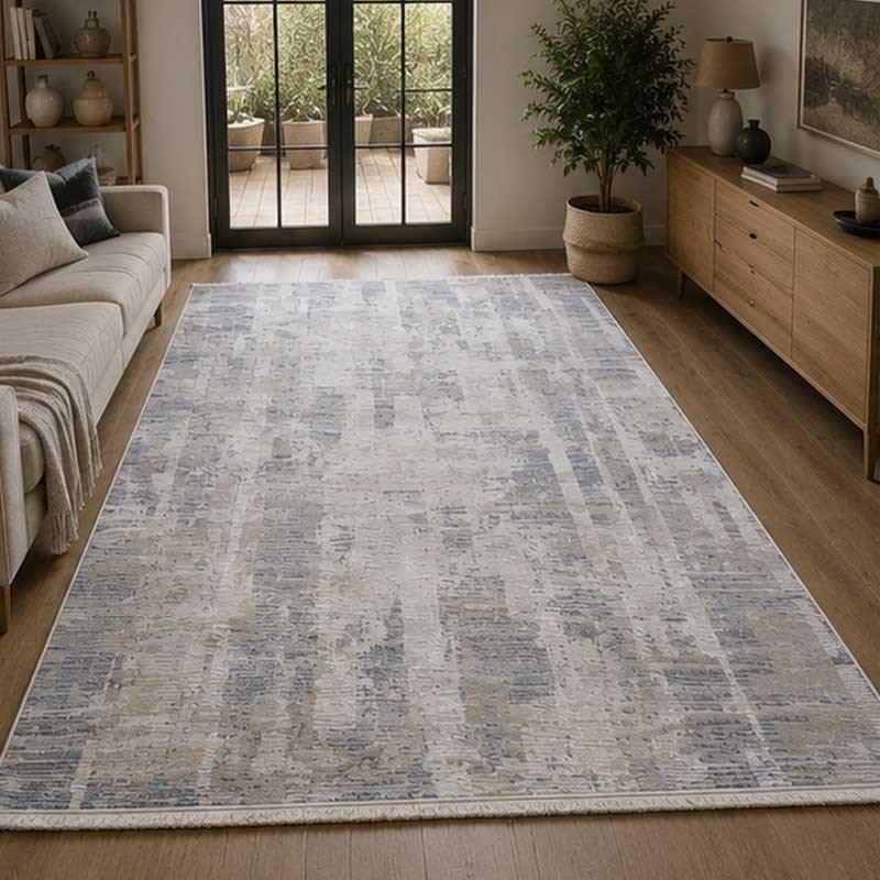 Otantik Modern Soyut Çizgili Saçaklı Dokuma Salon Halısı Krem Gri Antrasit 200x290 cm - Görsel 4