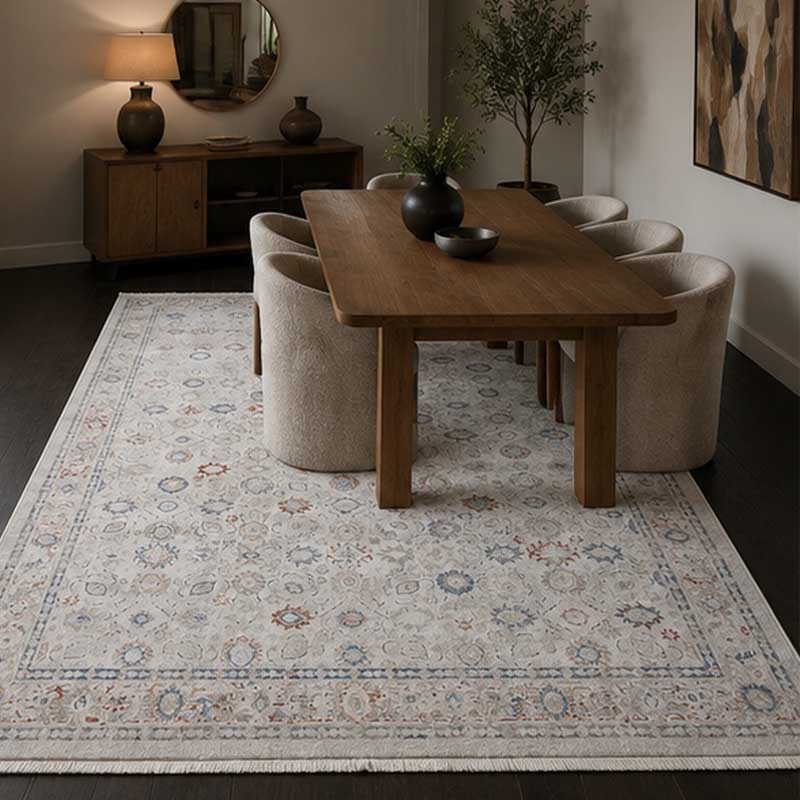 Otantik Modern Eskitme Saçaklı Dokuma Salon Halısı Krem Mavi Kiremit 200x290 cm - Görsel 5