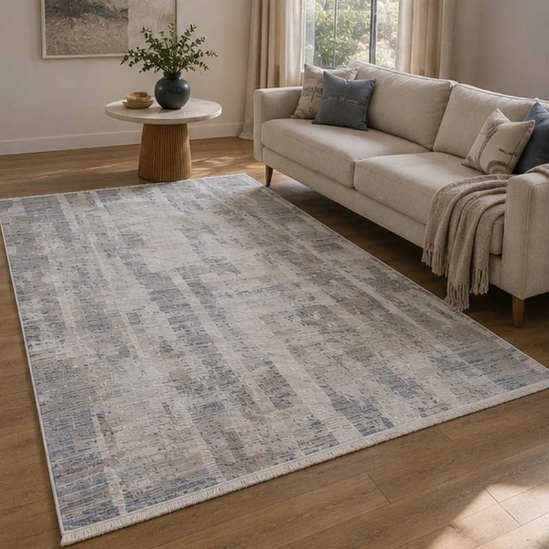 Otantik Modern Soyut Çizgili Saçaklı Dokuma Salon Halısı Krem Gri Antrasit 200x290 cm - Görsel 5