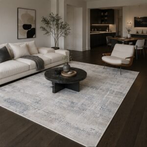 Otantik Modern Çizgili Saçaklı Dokuma Salon Halısı Krem Gri Mavi 200x290 cm