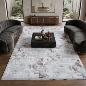 Modern Saçaklı Soyut Geometrik Eskitme Desenli Kaymaz Jel Taban Halı