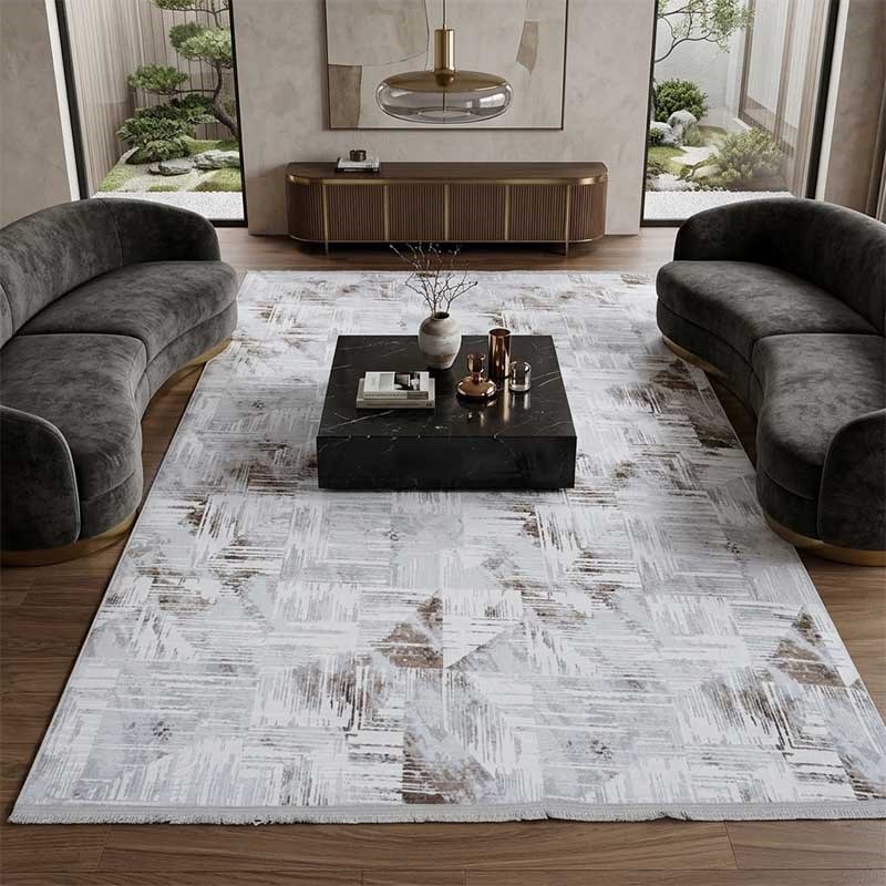 Modern Saçaklı Soyut Geometrik Eskitme Desenli Kaymaz Jel Taban Halı