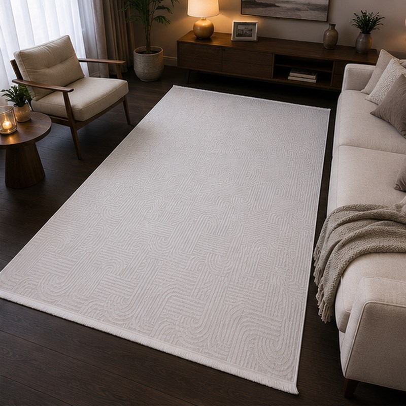 Modern Geometrik Desenli Akrilik Dokuma Salon Halısı Saçaklı - Görsel 4