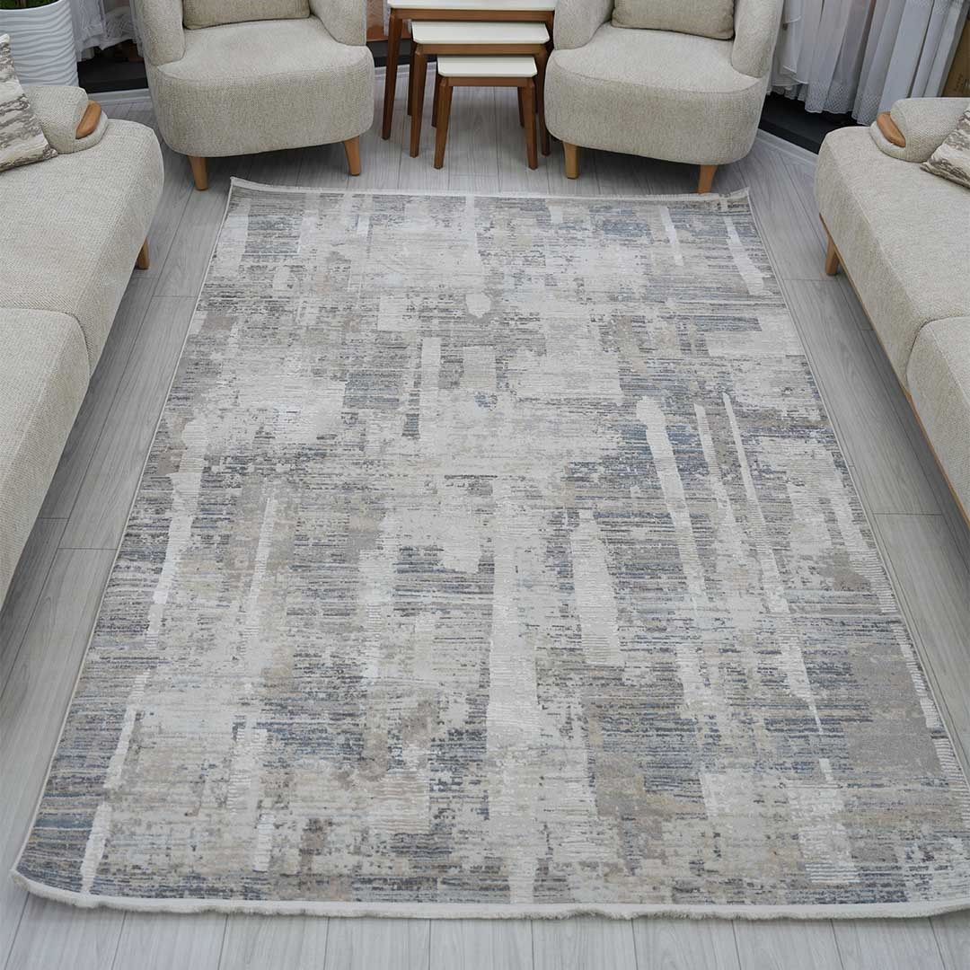 Otantik Modern Soyut Çizgili Saçaklı Dokuma Salon Halısı Krem Gri Antrasit 200x290 cm - Görsel 2
