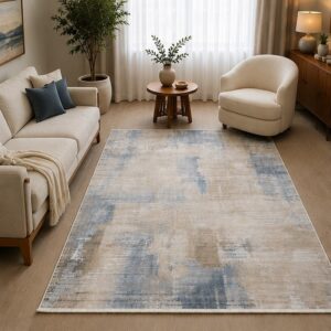 Otantik Modern Eskitme Saçaklı Dokuma Salon Halısı Krem Mavi Vizon 200x290 cm