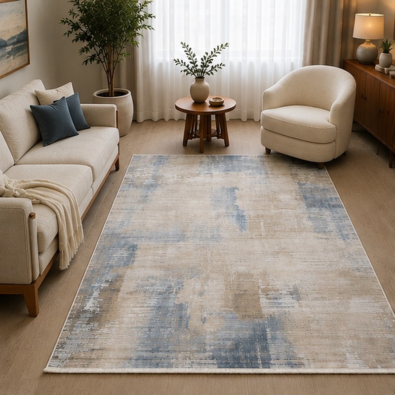 Otantik Modern Eskitme Saçaklı Dokuma Salon Halısı Krem Mavi Vizon 200x290 cm
