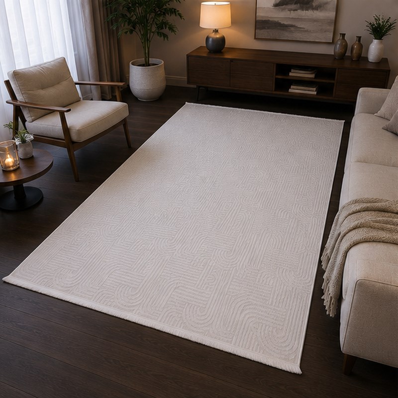 Modern Geometrik Desenli Akrilik Dokuma Salon Halısı Saçaklı - Görsel 5