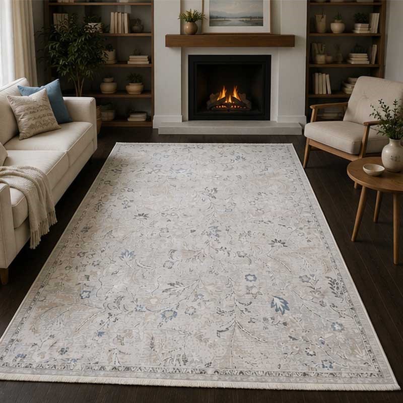 Otantik Modern Çiçek Desenli Saçaklı Dokuma Salon Halısı Krem Gri Mavi 200x290 cm