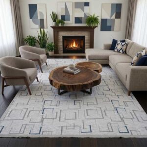 Modern Mavi Gri Geometrik Kare Desenli Kaymaz Jel Taban Salon Halısı