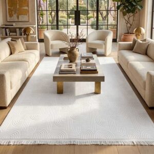 Modern Saçaklı Geometrik Labirent Desenli Kaymaz Jel Taban Halı
