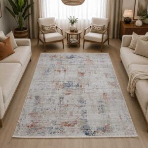 Otantik Modern Eskitme Saçaklı Salon Halısı Krem Antrasit Kiremit 200x290 cm