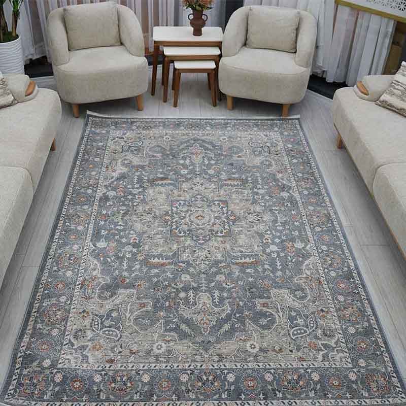 Otantik Klasik Madalyonlu Saçaklı Dokuma Salon Halısı Antrasit Gri Kiremit 200x290 cm - Görsel 2
