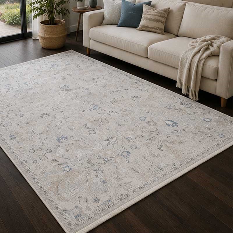 Otantik Modern Çiçek Desenli Saçaklı Dokuma Salon Halısı Krem Gri Mavi 200x290 cm - Görsel 6