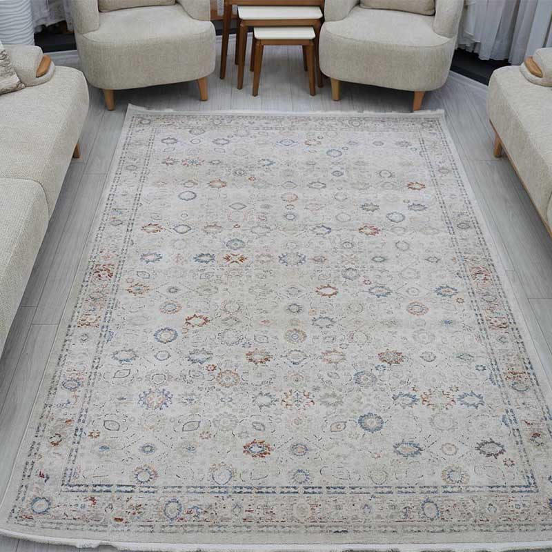 Otantik Modern Eskitme Saçaklı Dokuma Salon Halısı Krem Mavi Kiremit 200x290 cm - Görsel 2