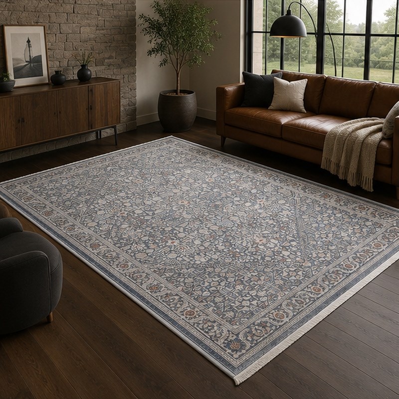Otantik Eskitme Mikro Desenli Saçaklı Dokuma Salon Halısı Antrasit Gri Kiremit 200x290 cm - Görsel 5