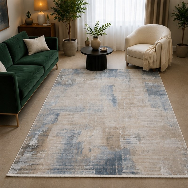 Otantik Modern Eskitme Saçaklı Dokuma Salon Halısı Krem Mavi Vizon 200x290 cm - Görsel 5